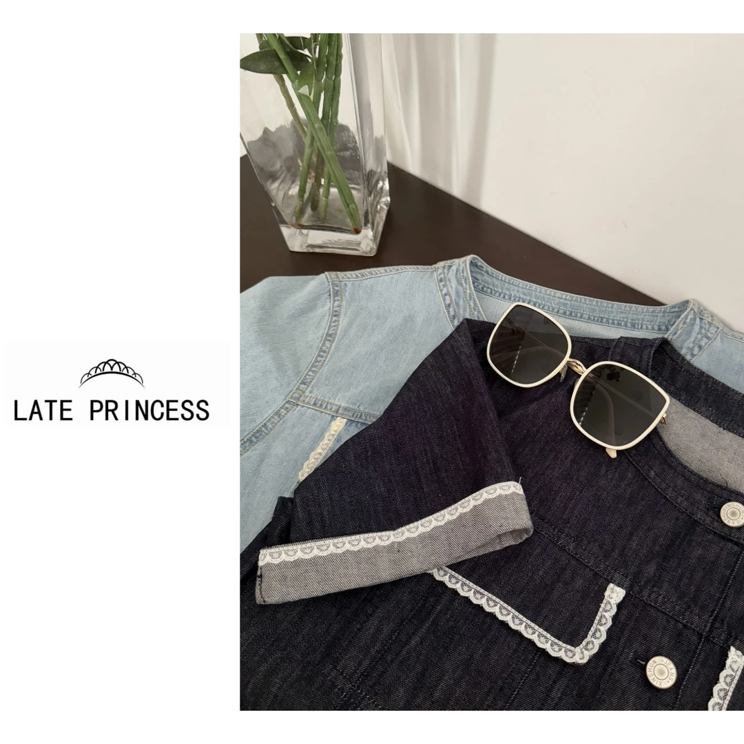 LATE PRINCESS【蔚蓝】夏季新款休闲百搭蕾丝拼接牛仔短袖衬衫