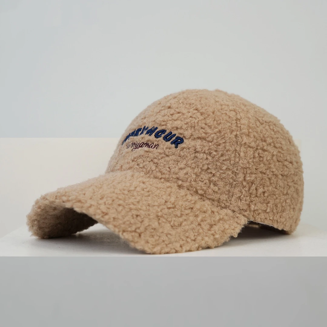 秋冬加厚保暖羊羔绒硬顶棒球帽子男女刺绣字母防寒宽檐毛绒鸭舌帽