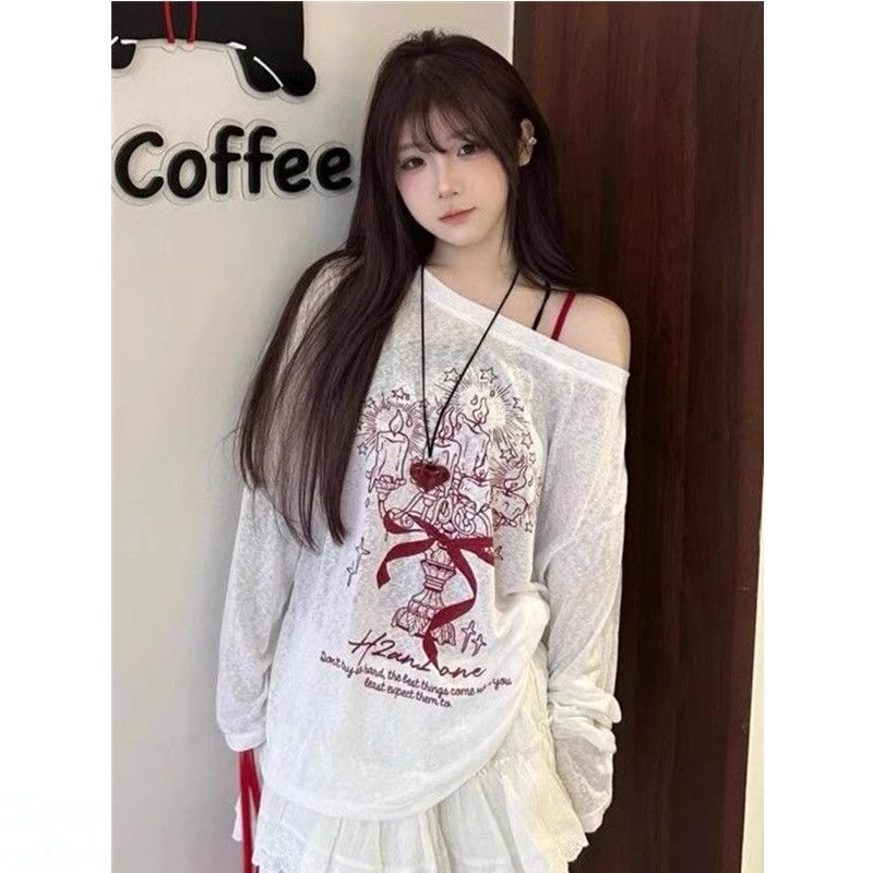 蝴蝶印花白色防晒罩衫女夏季薄款长袖T恤抽绳绑带斜领一字肩上衣