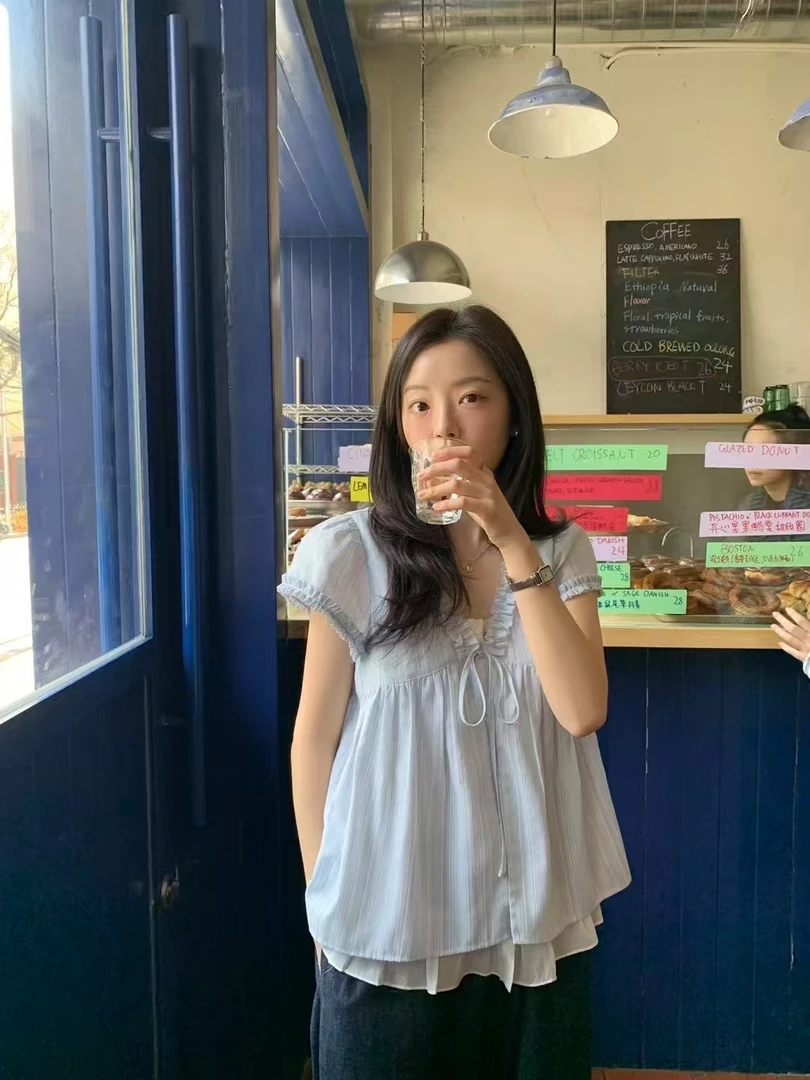 夏季新款小清新系带蓝色条纹假两件短袖衬衫女款