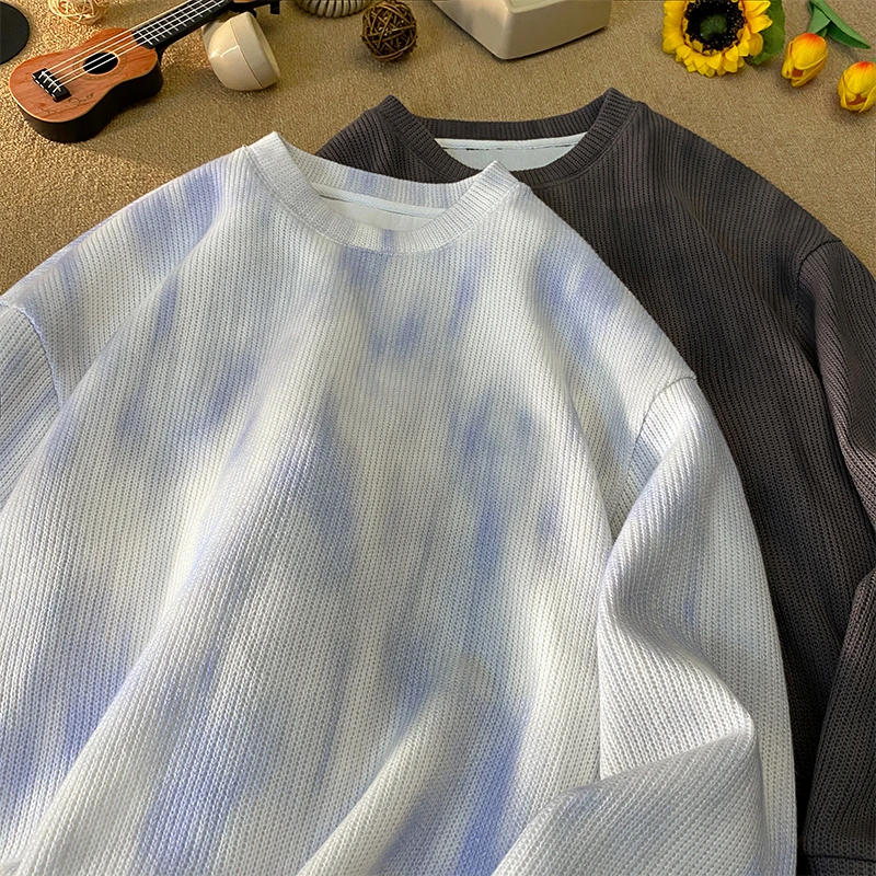 2025新款毛衣纹理圆领卫衣男秋季复古扎染针织打底衫上衣ins