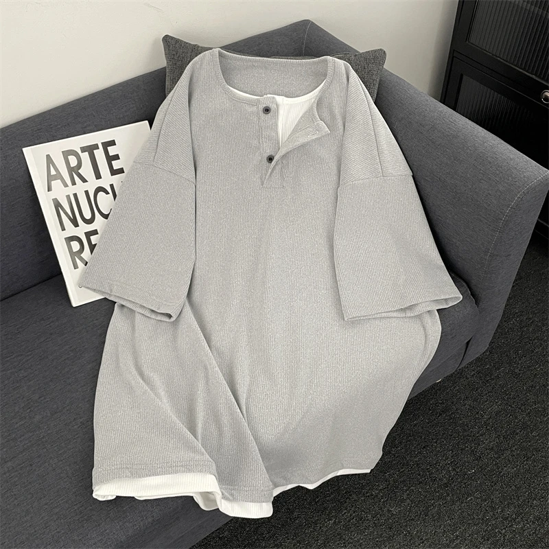 小众设计感cleanfit华夫格假两件短袖男夏季宽松灰色拼接解构T恤