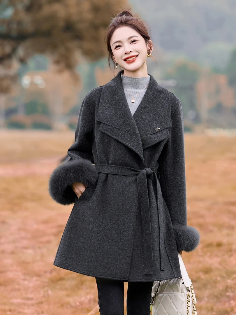 气质灰色双面羊毛大衣女中长款2025秋冬新款系带收腰显瘦毛呢外套