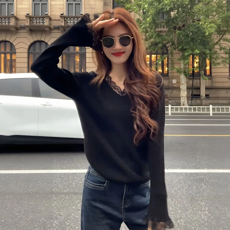 大码黑色V领内搭打底衫女秋冬新款胖mm巨遮肉显瘦长袖针织衫上衣