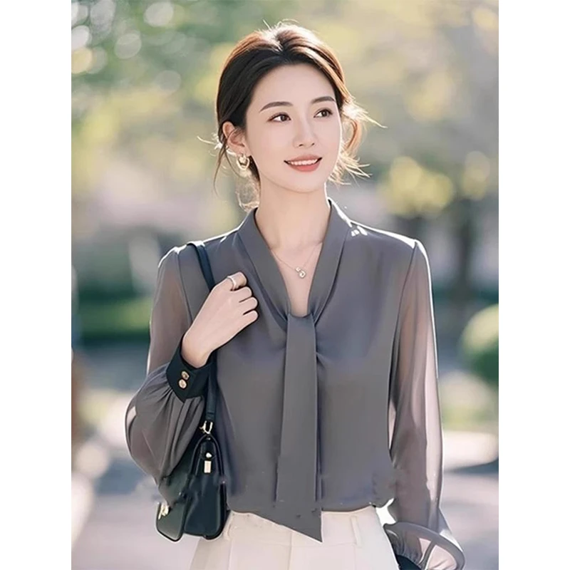 法式灰色飘带雪纺衬衫上衣2025早春新款高级感超好看独特别致衬衣