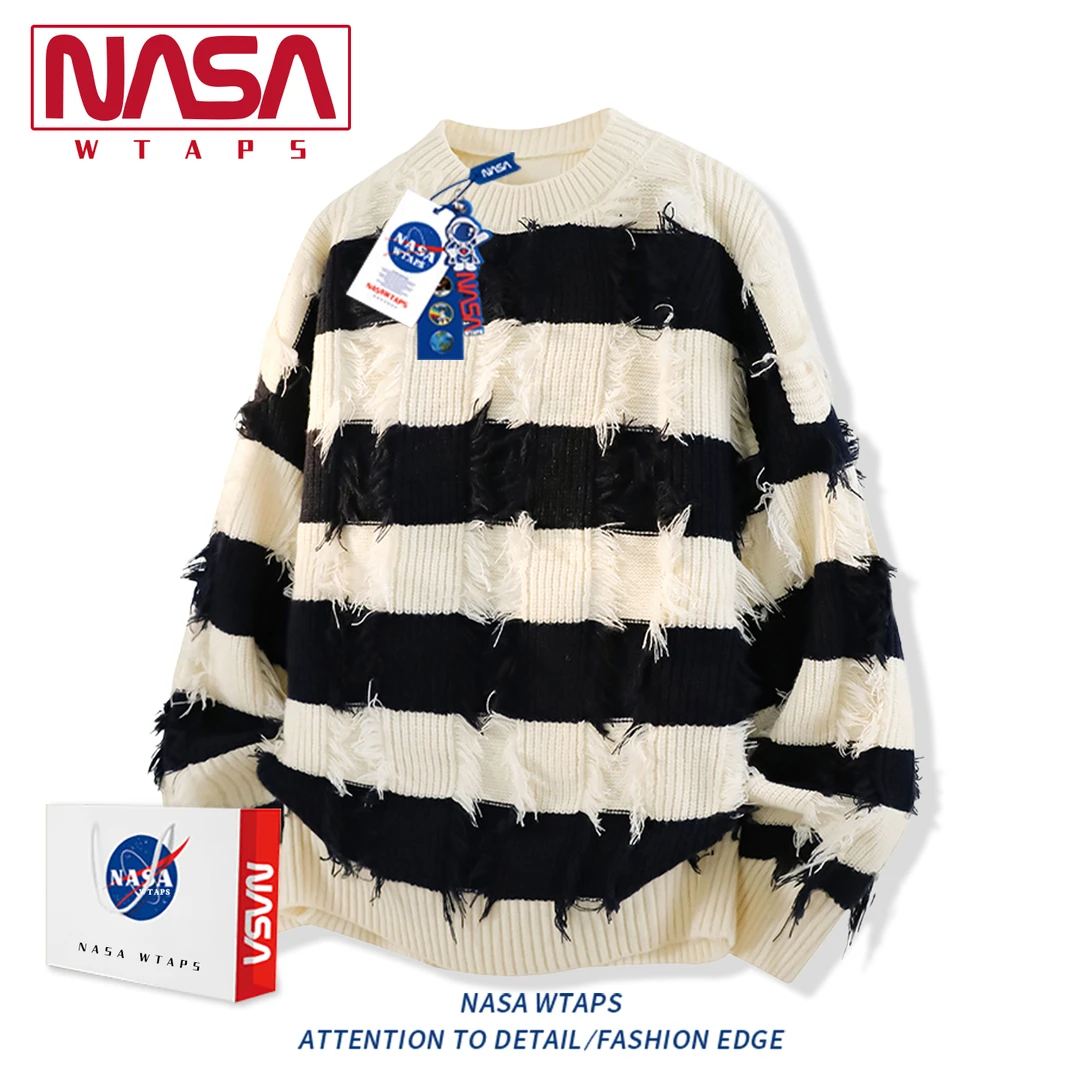 NASA WTAPS美式圆领毛衣男款秋季条纹休闲针织外套肌理感男生衣服