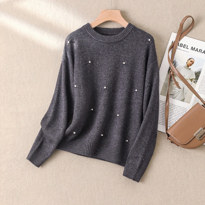 0632*钉珠洋气套头针织衫宽松圆领长袖休闲纯色针织上衣