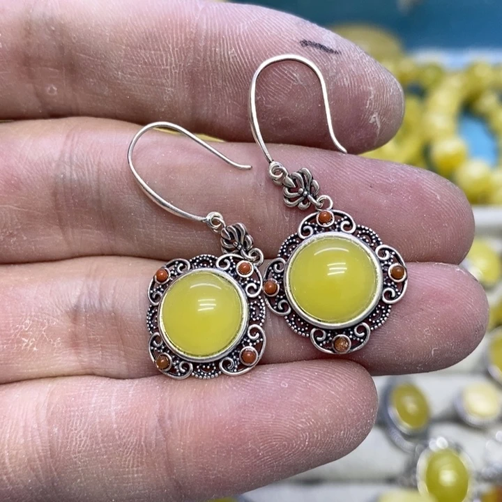 蜜蜡裸石银S925镶嵌耳坠