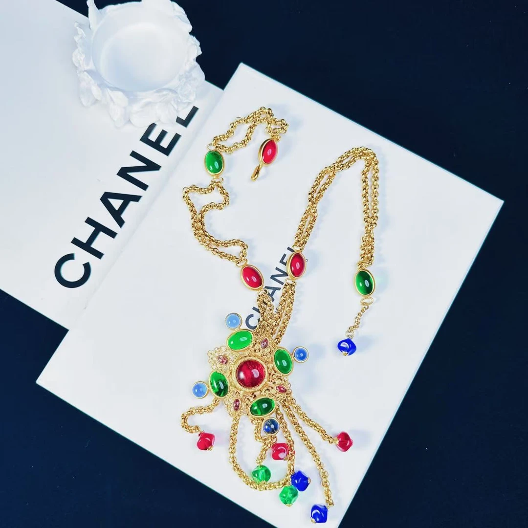 95新 Chanel/香奈儿 柚礼中古/香奈儿多色琉璃素金项链长链XP