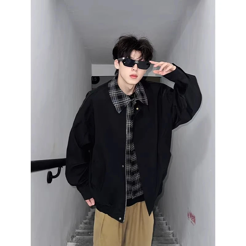 棕色外套男春秋美拉德穿搭假两件夹克翻领短款棒球服韩版百搭