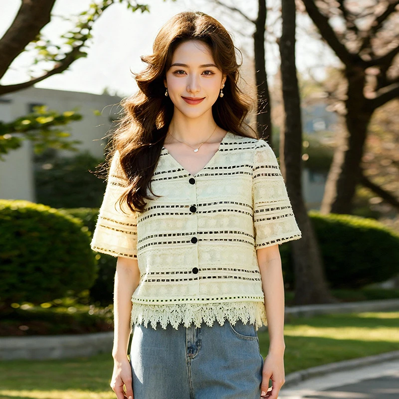 奢姿大码女装2025夏季新款气质撞色v领上衣胖妹妹时尚短袖衬衫