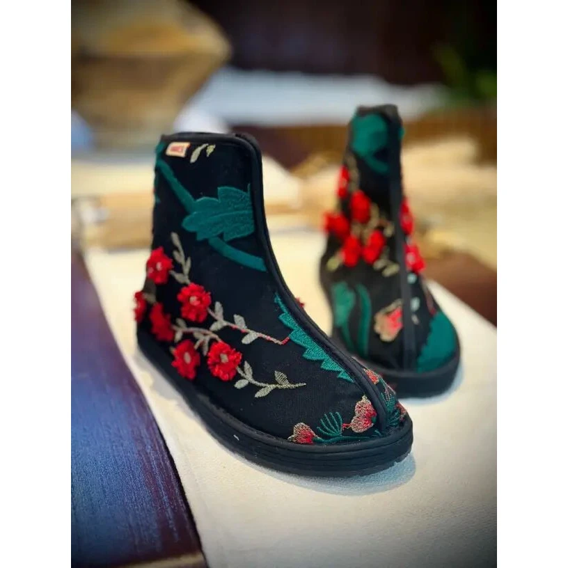 西楚【大棉-蔷薇】中国风透气养脚刺绣纯手工千层高帮大棉女鞋