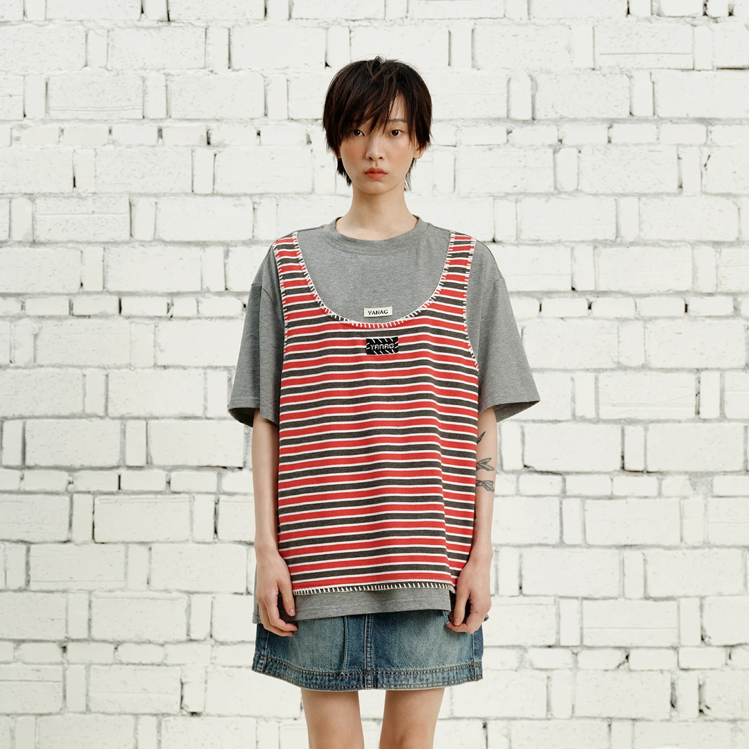【茉舍】YANAG 条纹背心假两件T恤撞色圆领上衣 YGMZGN025-890