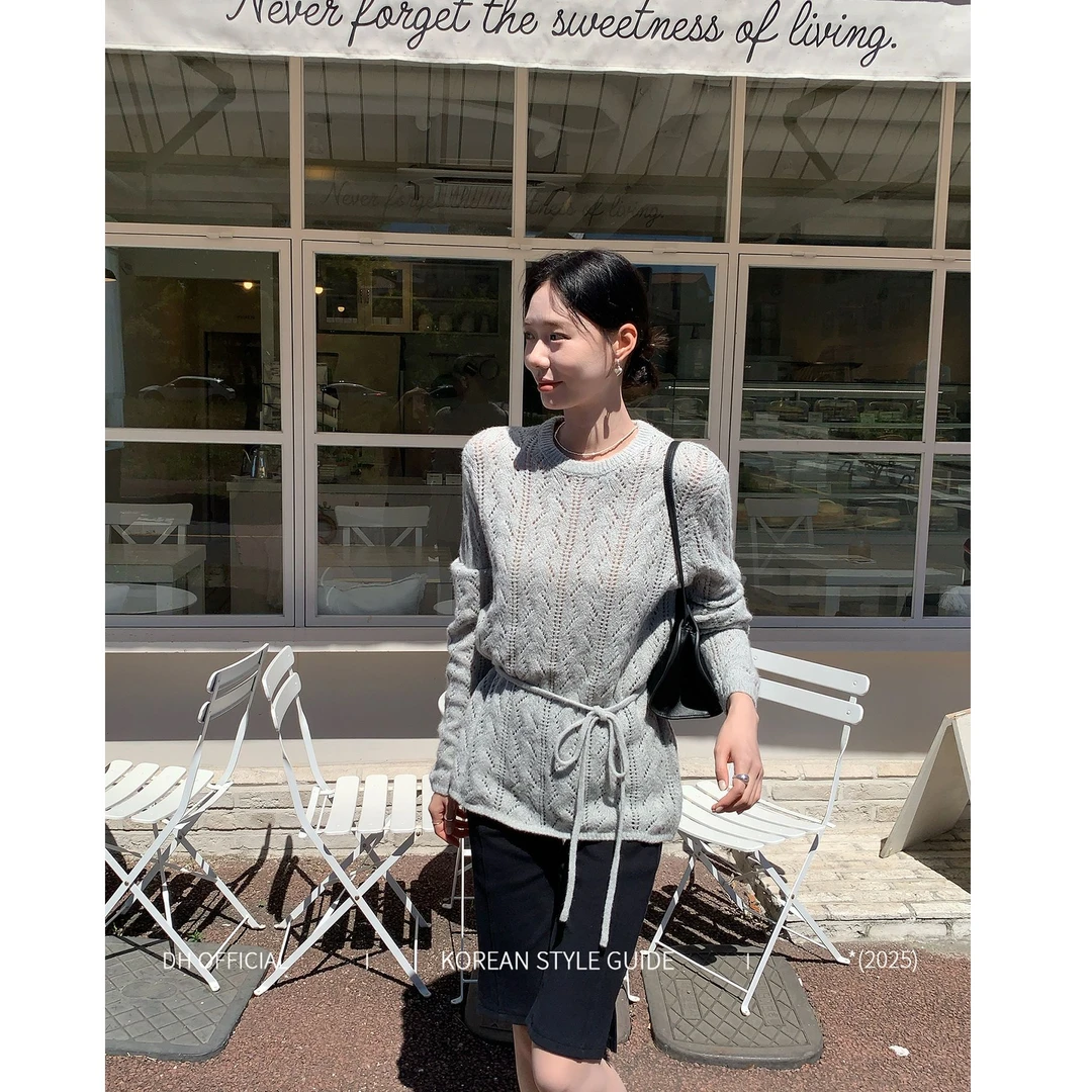 DH OFFICIAL 大花【松弛美学 wooly】韩系慵懒风绑带钩花镂空毛衣