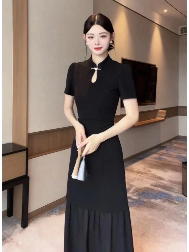 大码女装新中式国风休闲镂空旗袍连衣裙夏季新款收腰显瘦网纱长裙