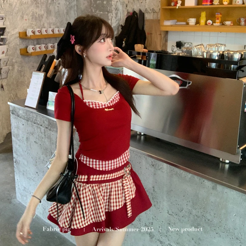 叛逆软糖 织物猪原创 红色不规则设计感短裙女夏蝴蝶结假两件上衣