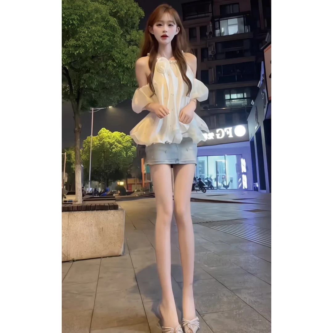 夏季法式设计感气质名媛珍珠挂脖镶钻甜美上衣女牛仔半身短裙套装