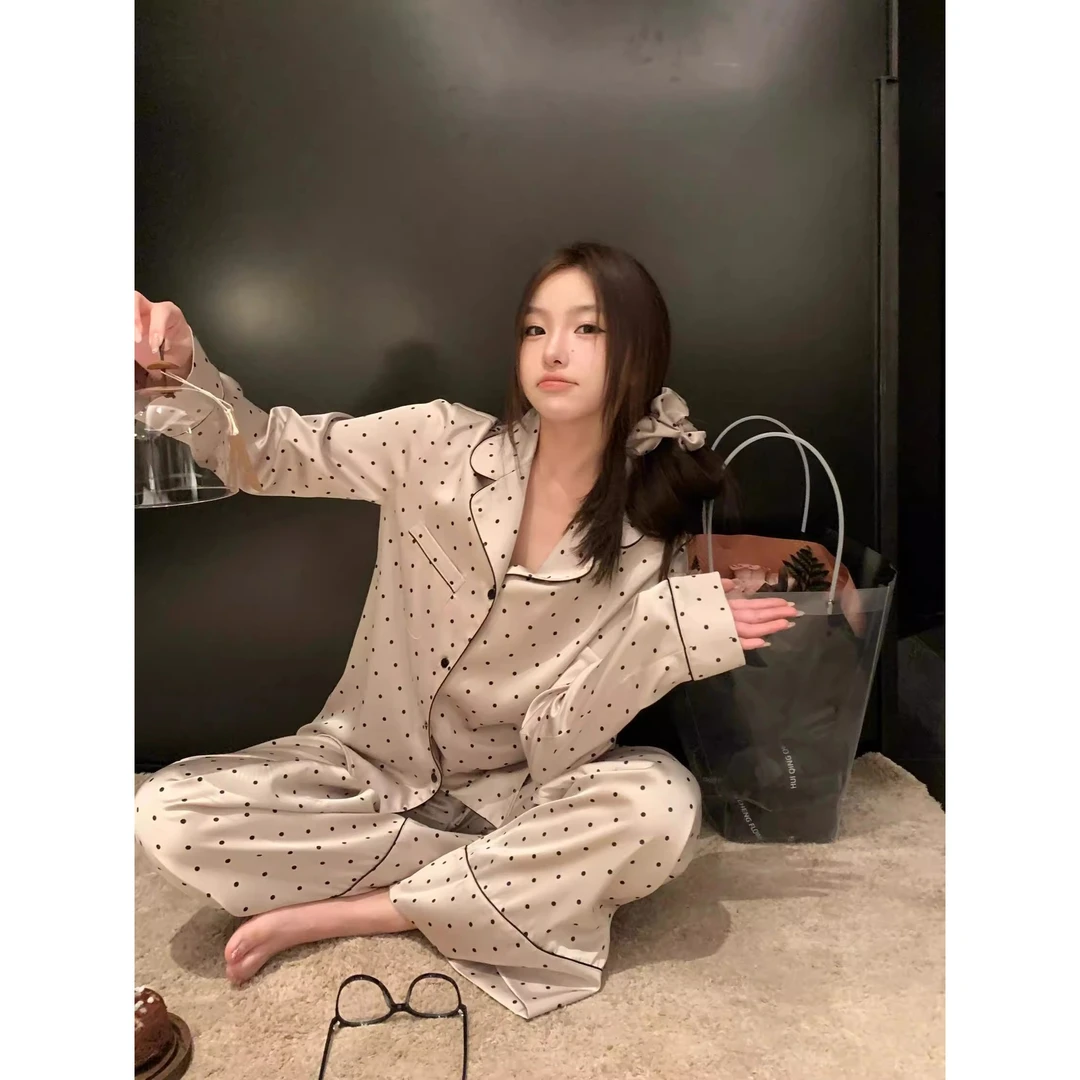 法式高级波点印花长袖2025春秋新款家居服女大码翻领开衫长裤套装