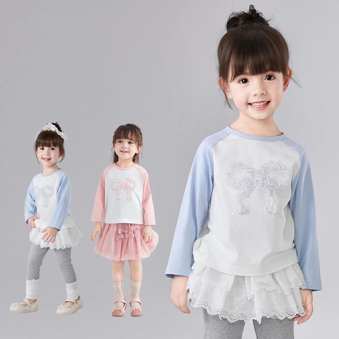 笛莎女童T恤25秋新女童蕾丝蝴蝶结撞色插肩袖长袖上衣-332530601