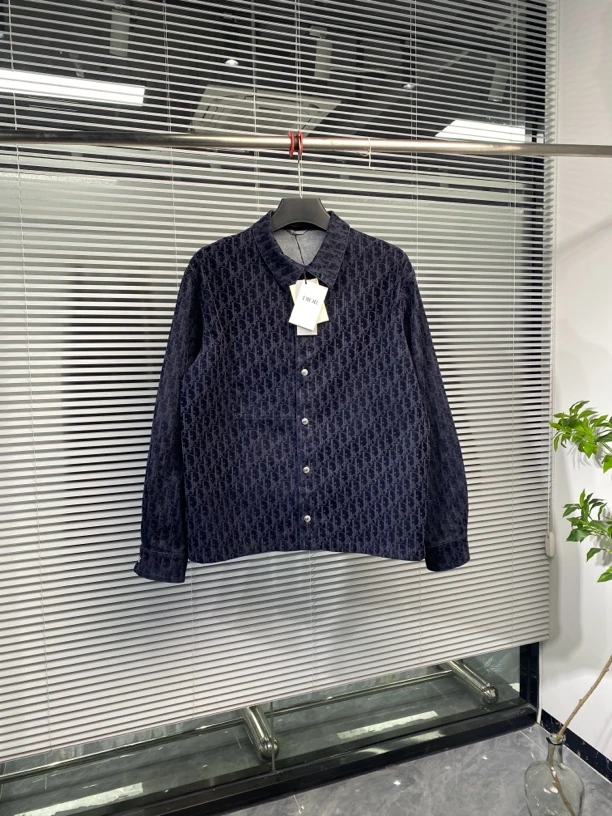 99新 DIOR/迪奥 植绒满印logo 牛仔衬衫 夹克 外套 50码 jn1993