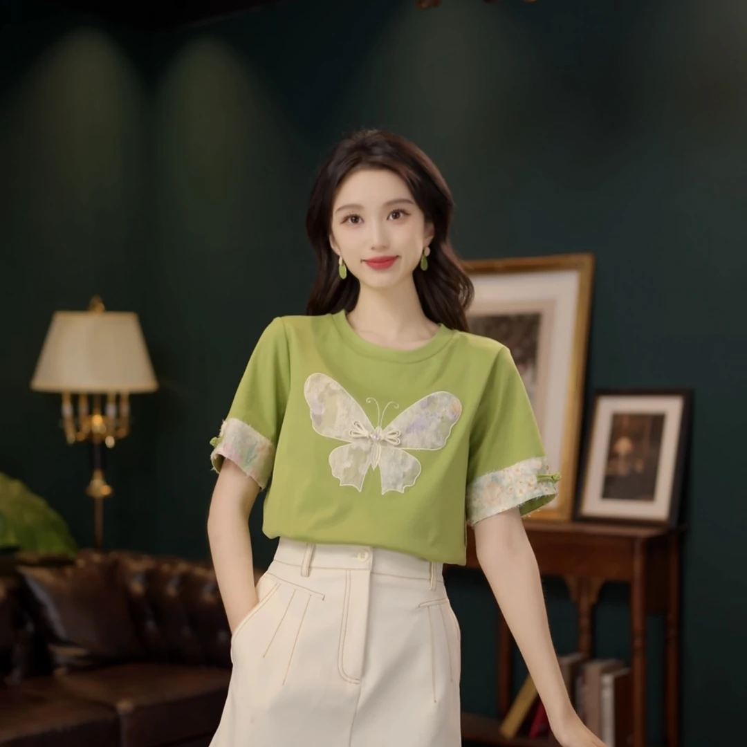 琦琦【狸尾豆】甜美休闲百搭小众短袖女夏季上衣YE0706498