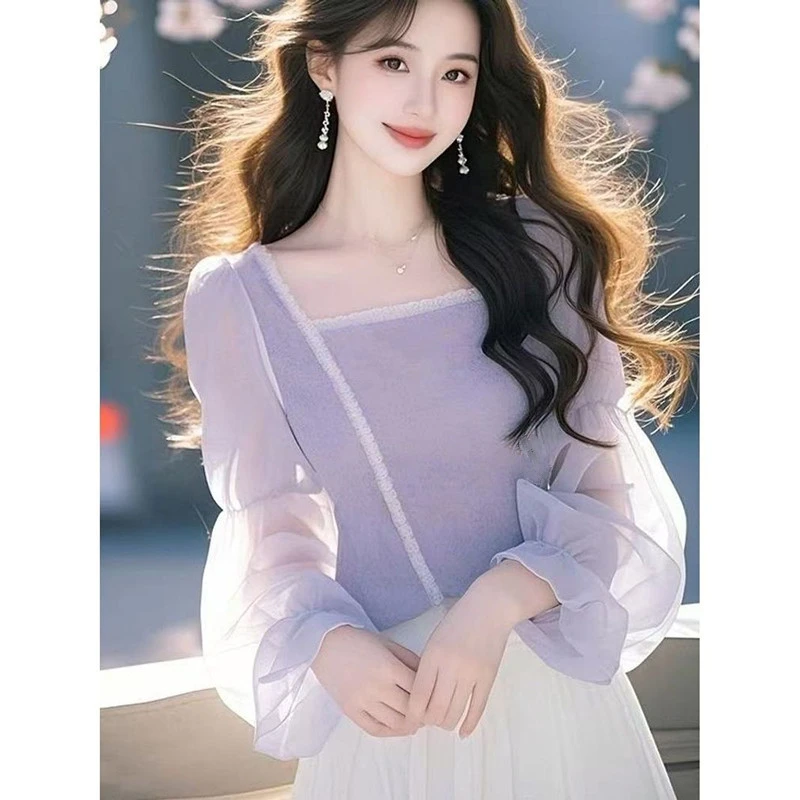 紫色高级感方领设计感长袖衬衫女春季国风好看漂亮独特新中式上衣