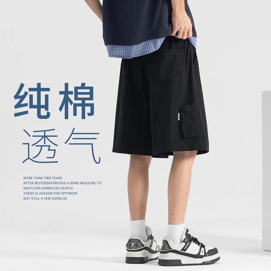 纯棉黑色短裤男篮球运动短裤夏季日系亚麻五分裤直筒休闲裤沙滩裤