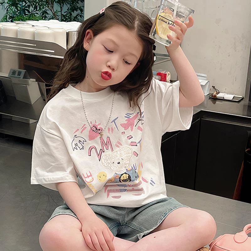 纯棉大童装潮款韩版白t恤女童网红洋气短袖儿童上衣女孩夏装新款