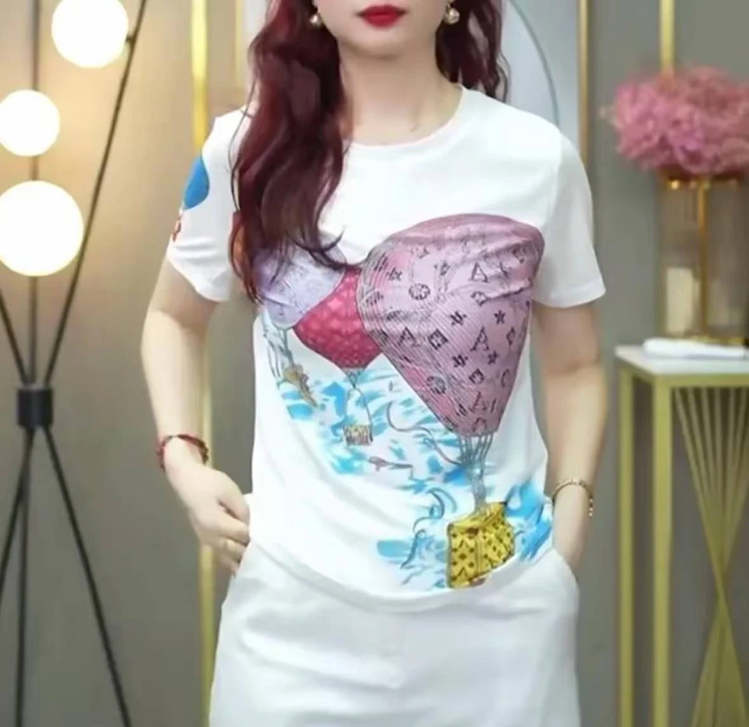 夏季新款圆领网纱上衣时尚气质短袖女T恤印花