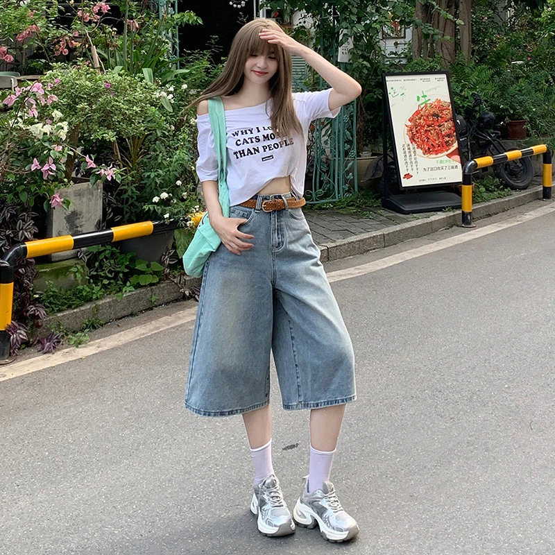 2025夏季美式复古高腰宽松阔腿裤百搭显瘦直筒七分裤牛仔裤女