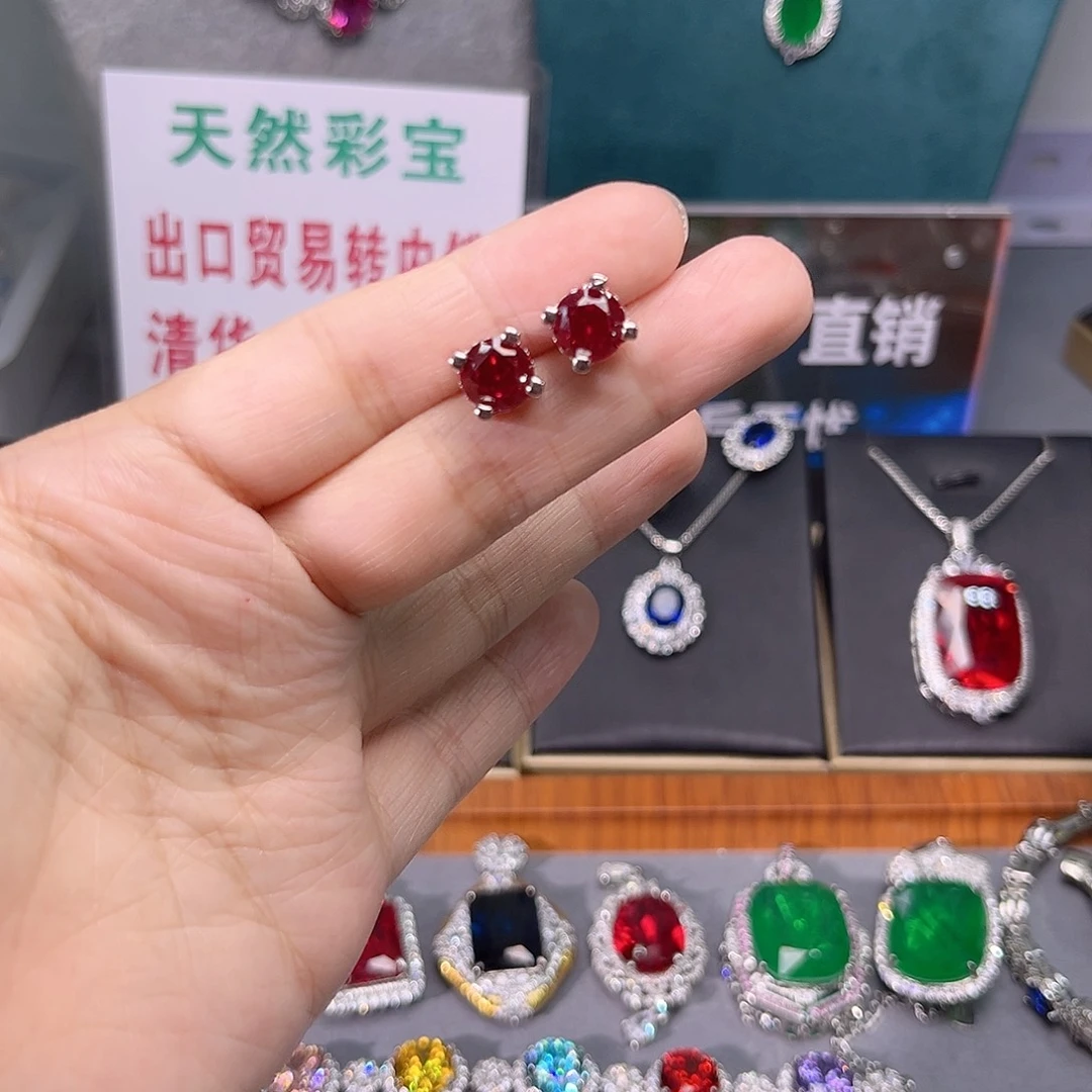 耳饰银S925镶嵌红宝石j 32