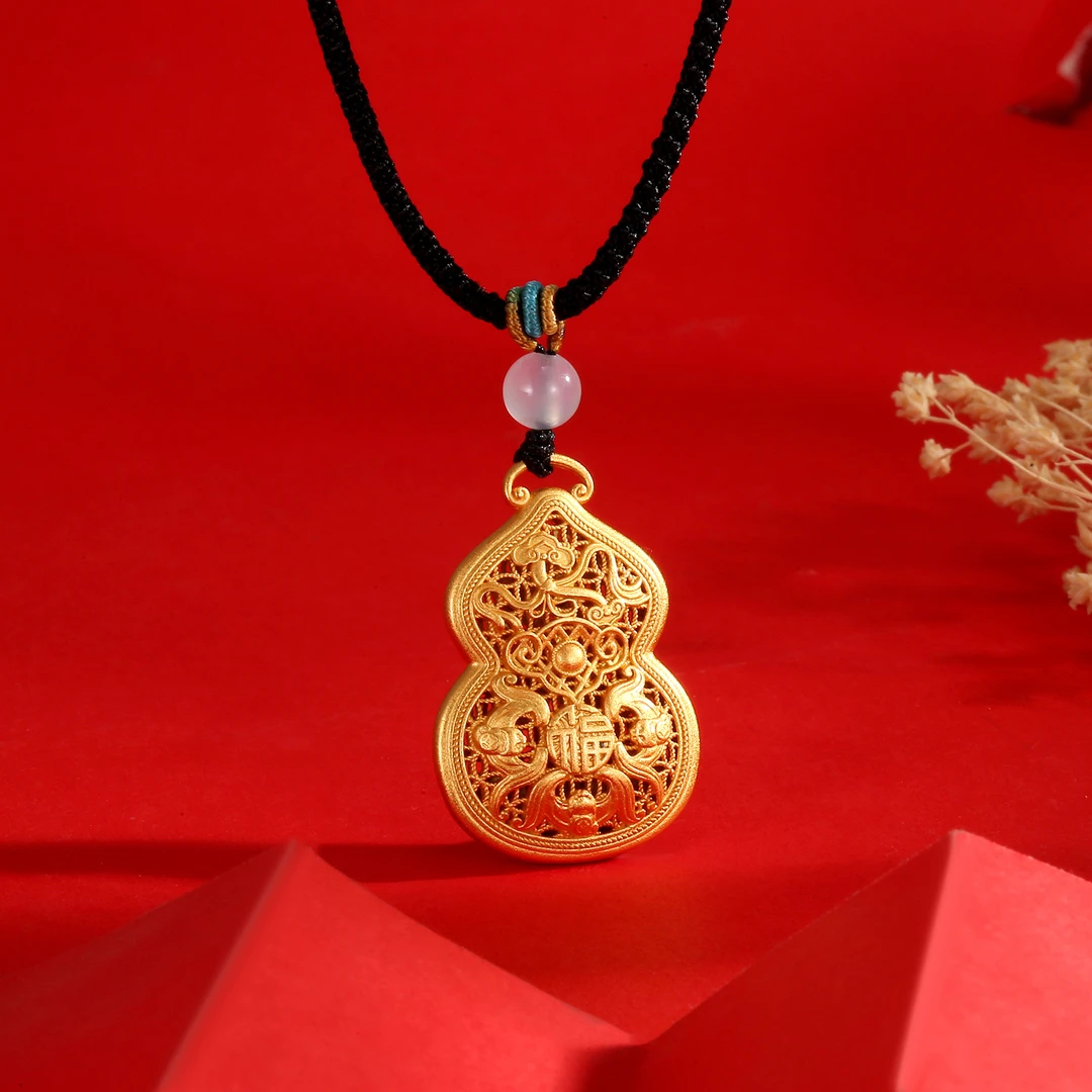 吊坠足银布艺 足银999金色葫芦吊坠纯银女款双面镂空福禄项链挂坠