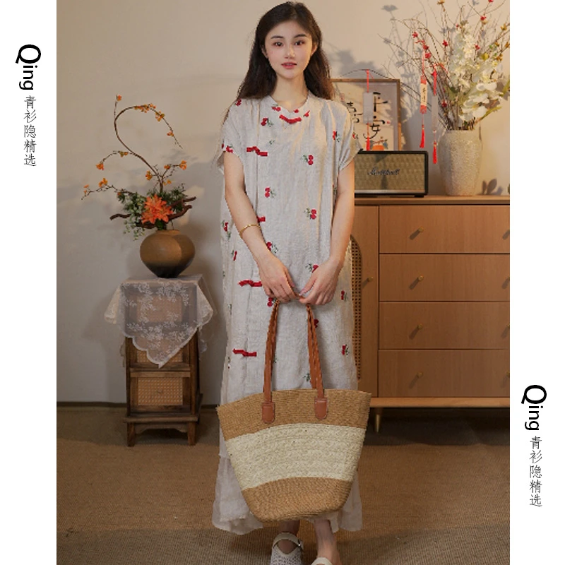 【甜樱桃】夏季新款亚麻樱桃刺绣连衣裙改良新中式盘扣设计长袍6683