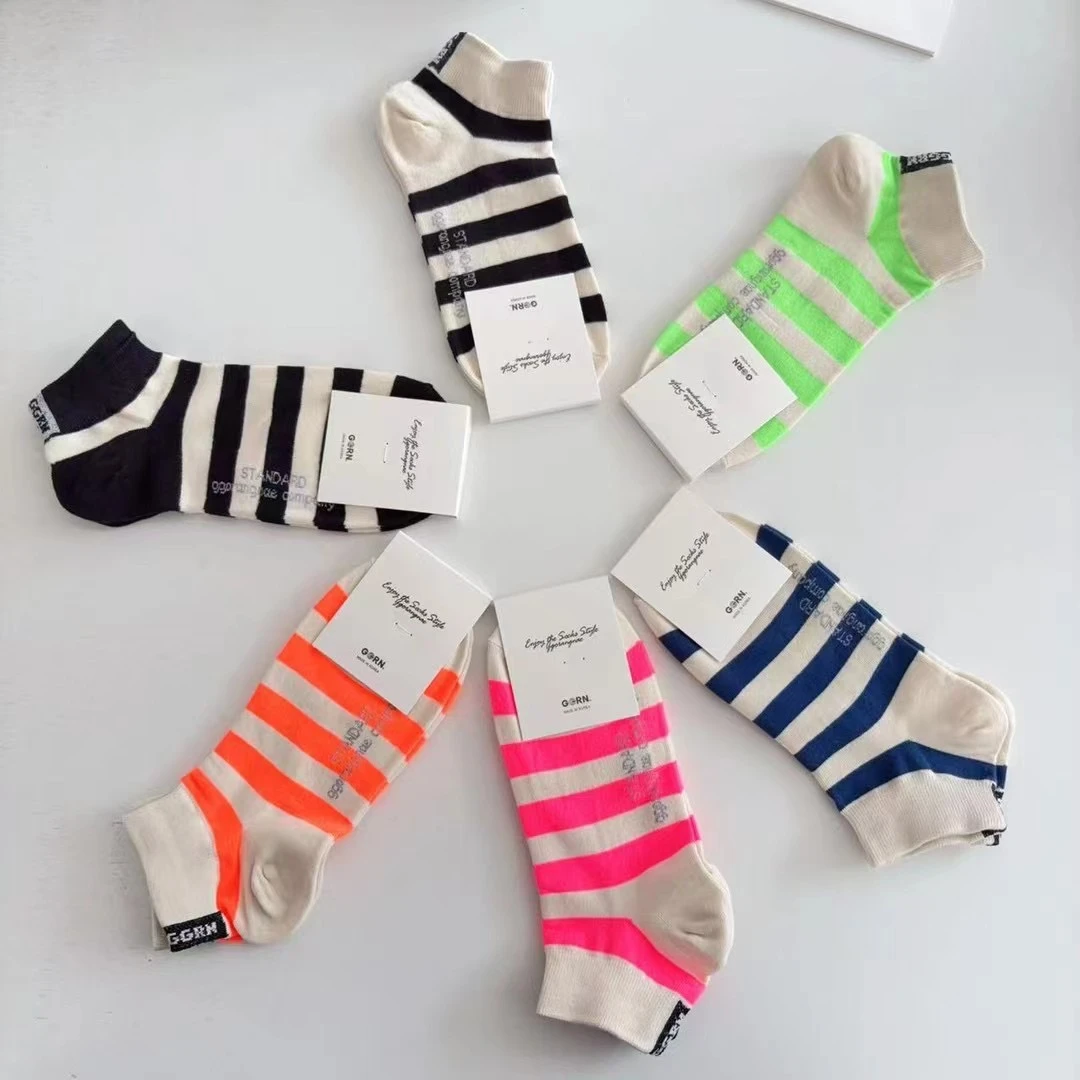 果妈家 韩国进口条纹百搭时尚白色休闲船袜女夏季薄款潮袜透气