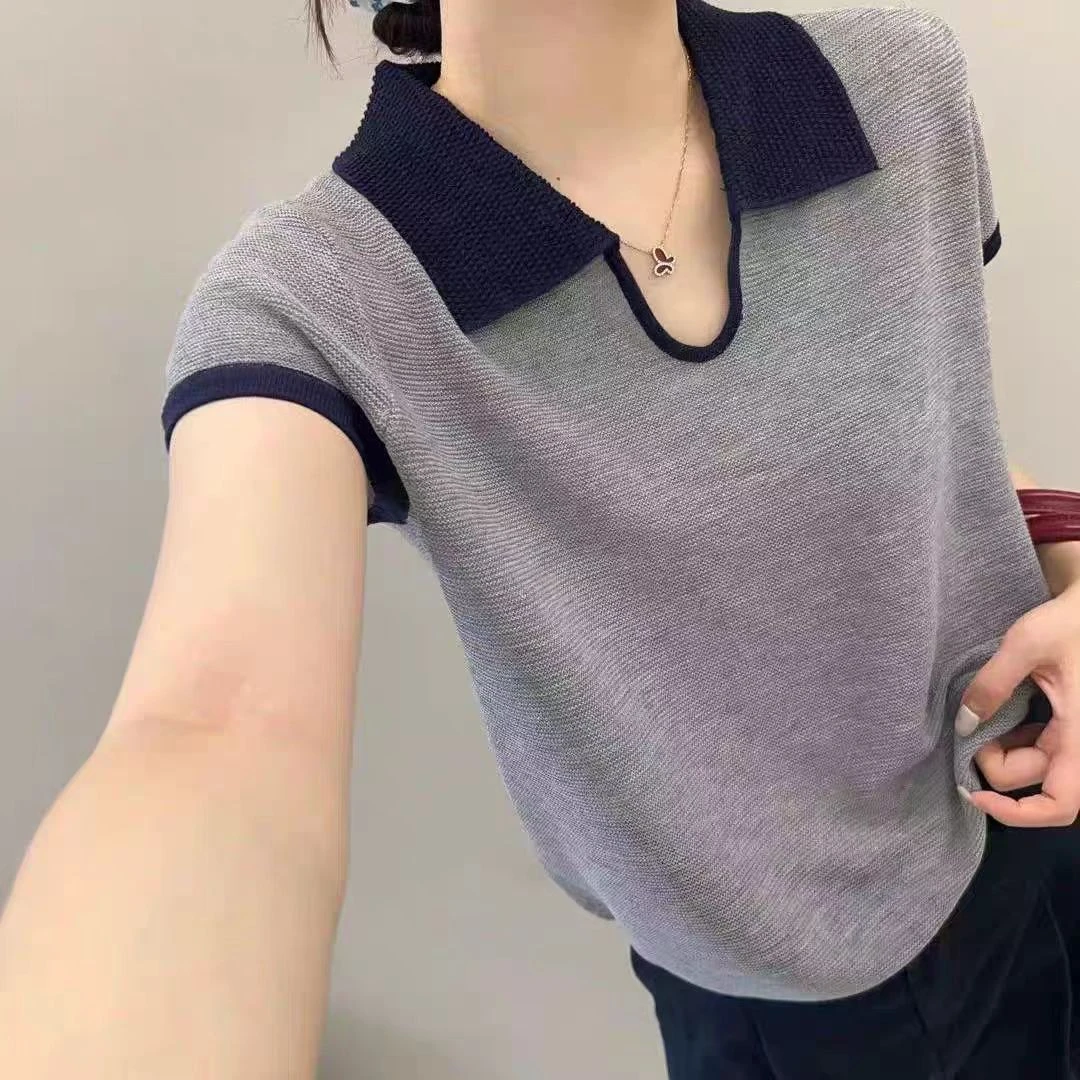 法式polo领撞色针织短袖上衣女2025夏季时尚设计感小众别致短款