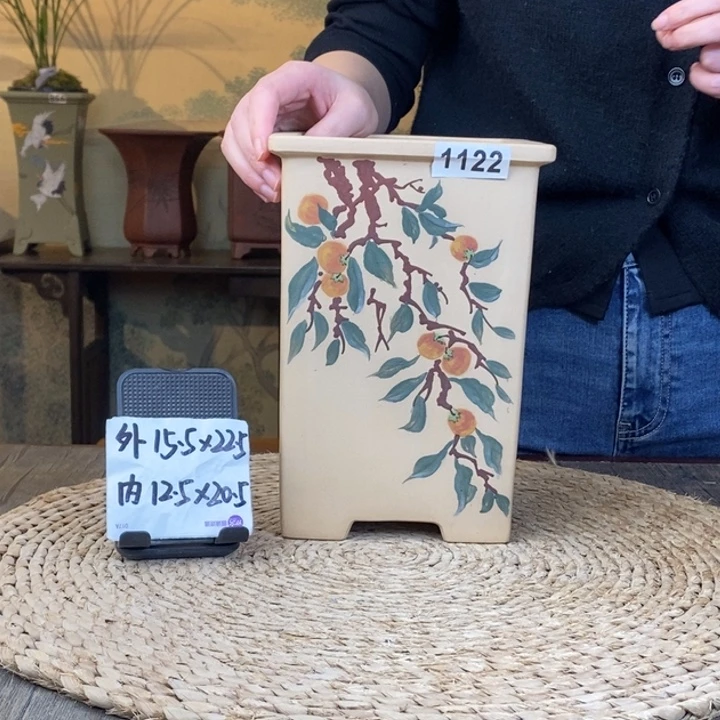 紫砂花盆 白玉段彩绘事事如意四方签筒1122