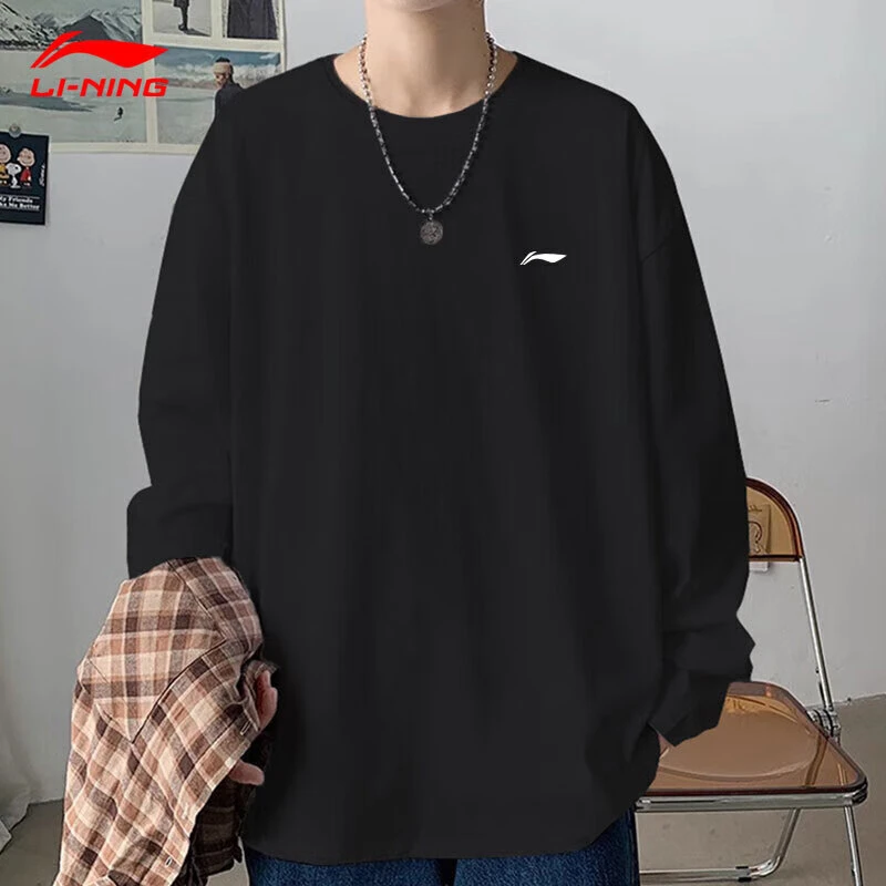 李宁长袖t恤男士秋季2025棉质潮流秋装宽松透气休闲舒适套头衫