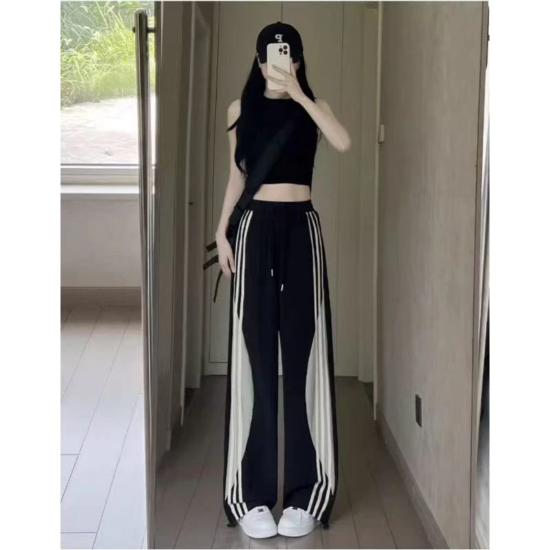 高个子三条杠复古裤夏季阔腿裤黑色条纹垂感长裤宽松时尚直筒显瘦