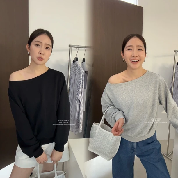 widelia春季韩版显瘦宽松长袖斜肩上衣女7099时尚露肩不规则卫衣