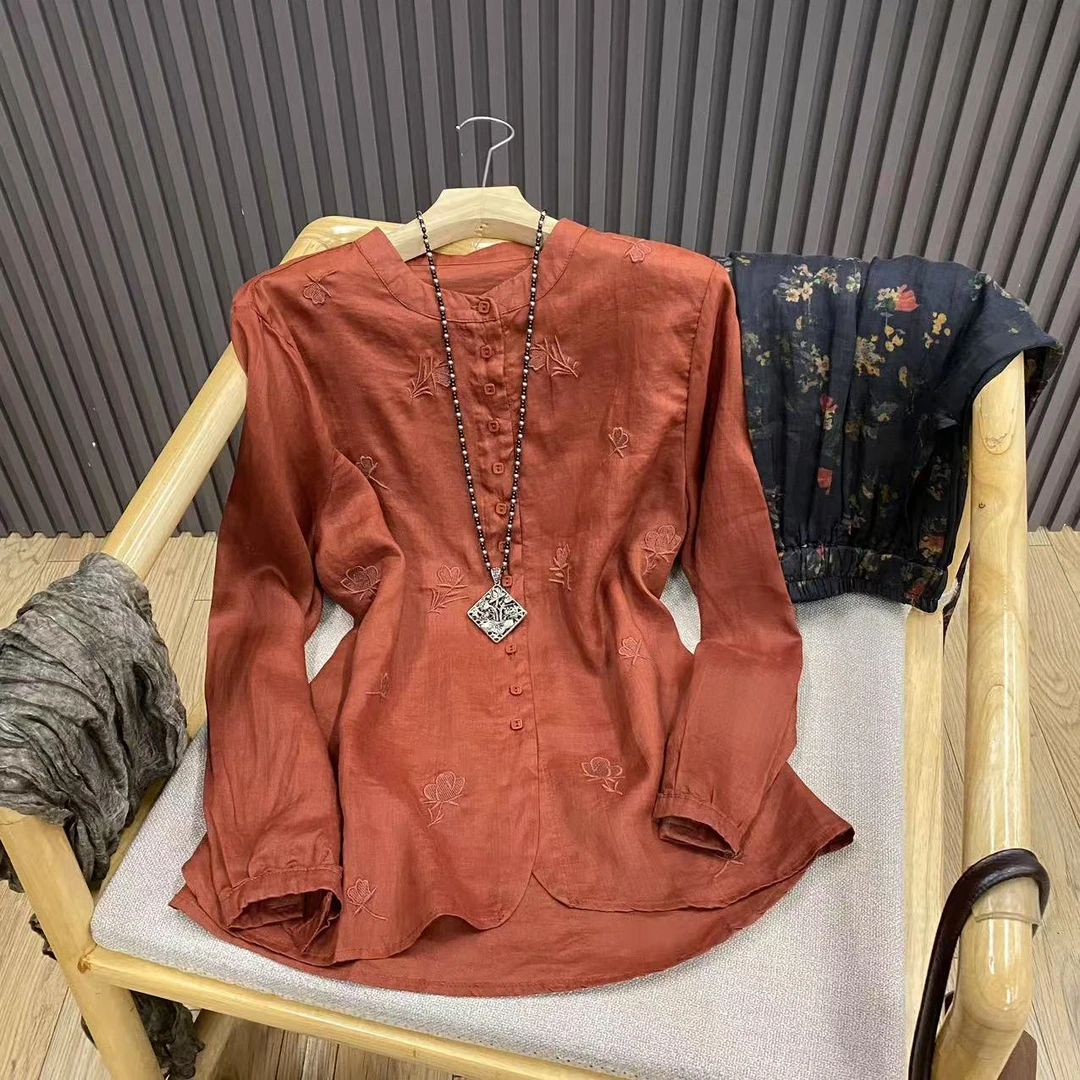 苎麻刺绣复古文艺衬衫纯色绣花百搭宽松长袖上衣女C8551