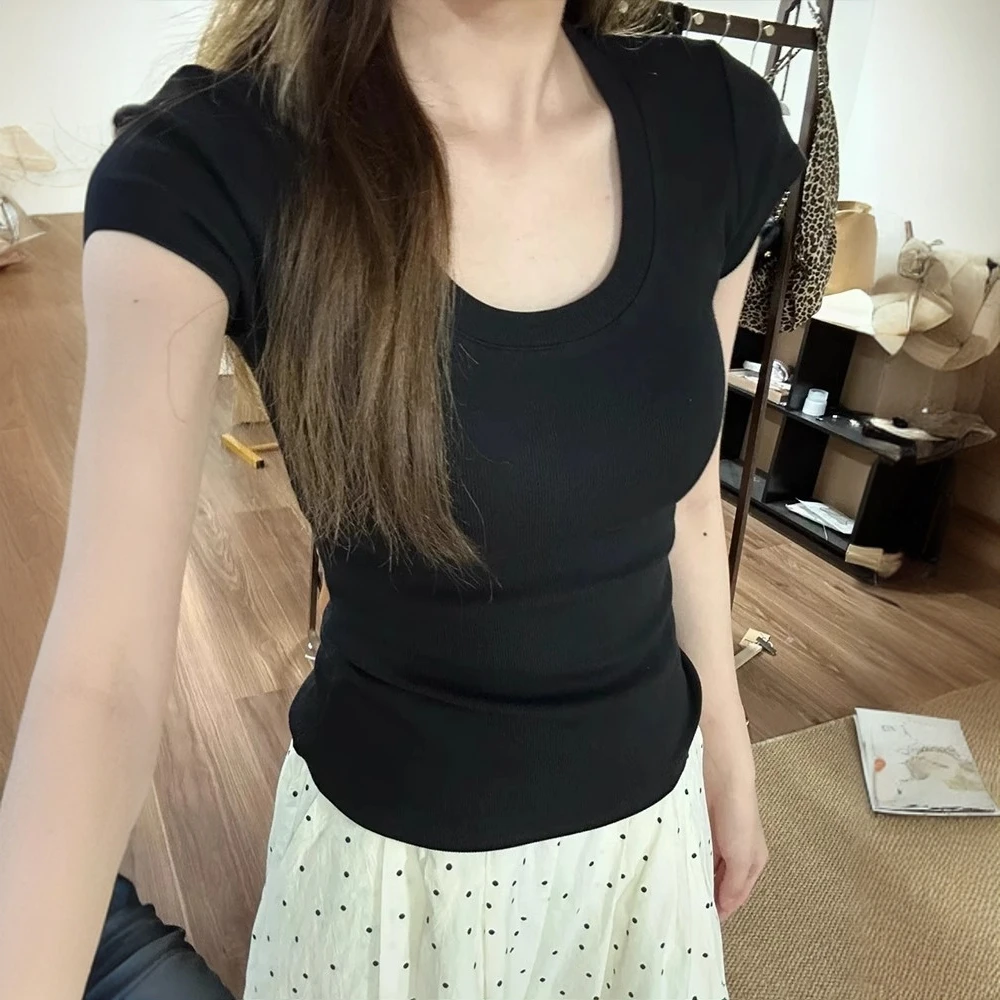 纯欲风U领灰色螺纹正肩短袖t恤女夏修身显瘦收腰紧身辣妹春季上衣