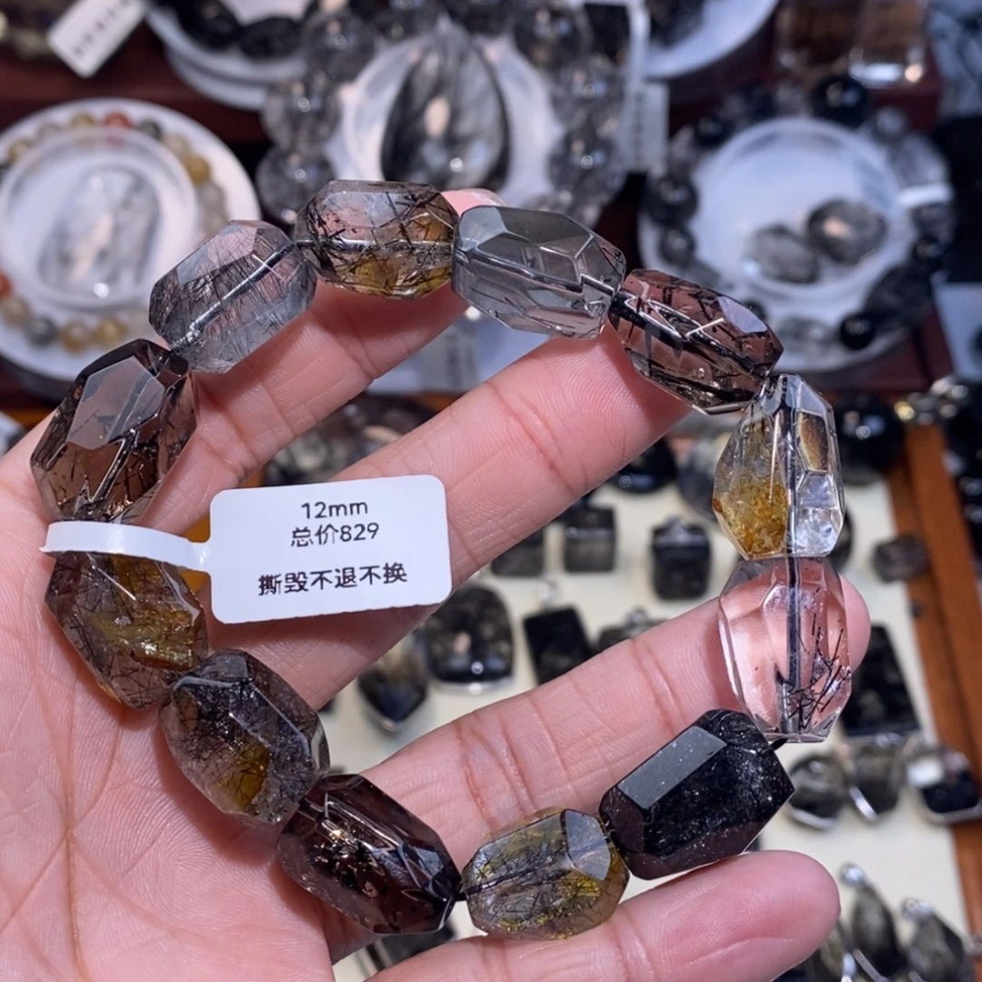 未镶嵌水晶手链黑发晶黄胶花共生随型设计款12mm全透体