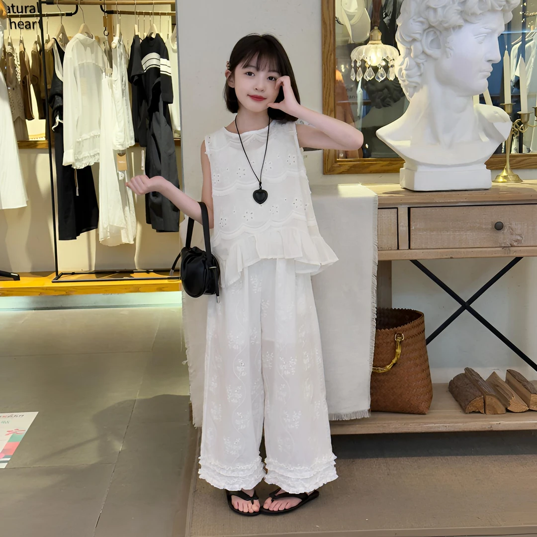 女童背心镂空荷叶边重工套装2025洋气新款背心花边绣花阔腿裤两件