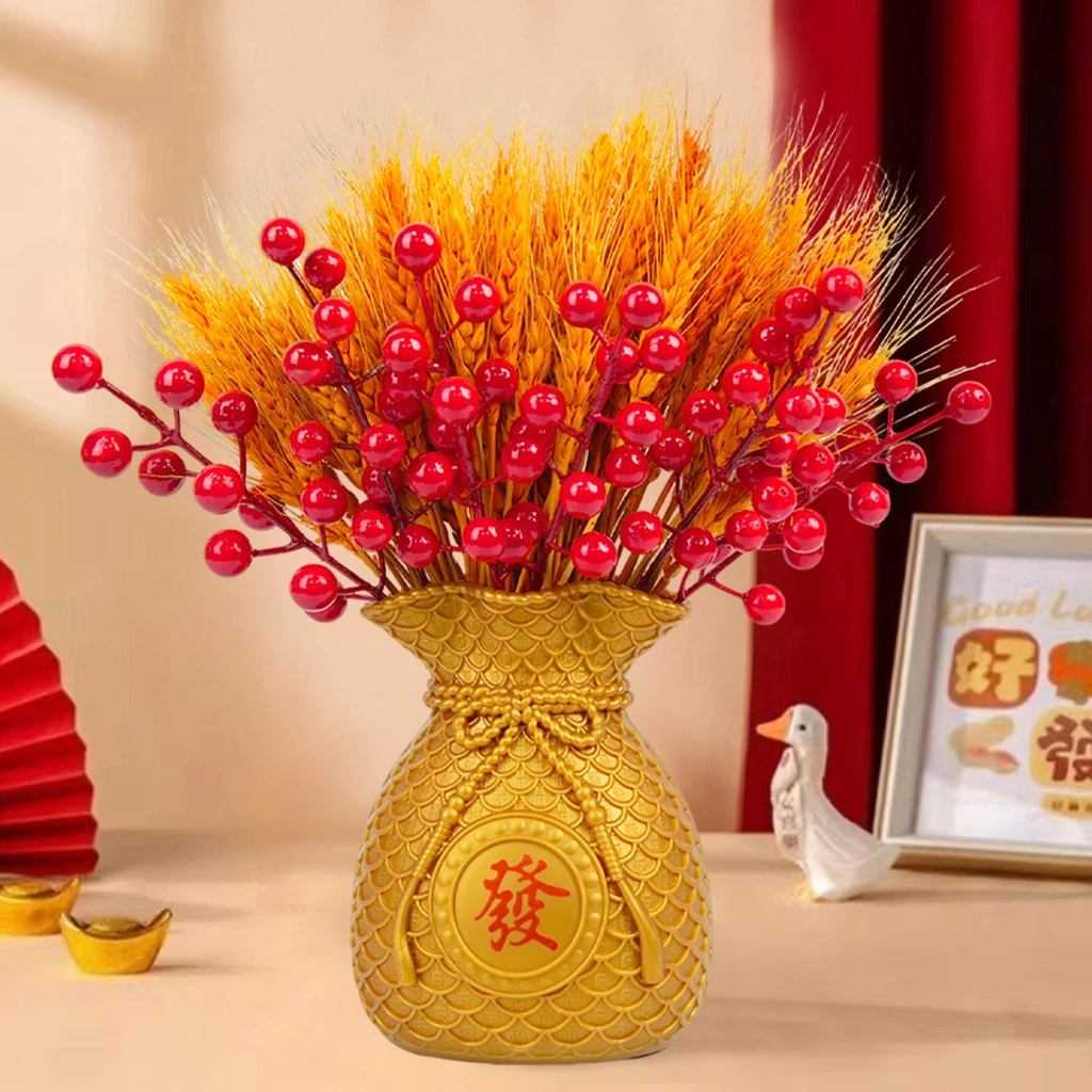 黄金麦穗装饰摆件金客厅干花天然大麦花束红福钱袋子仿真乔迁红果