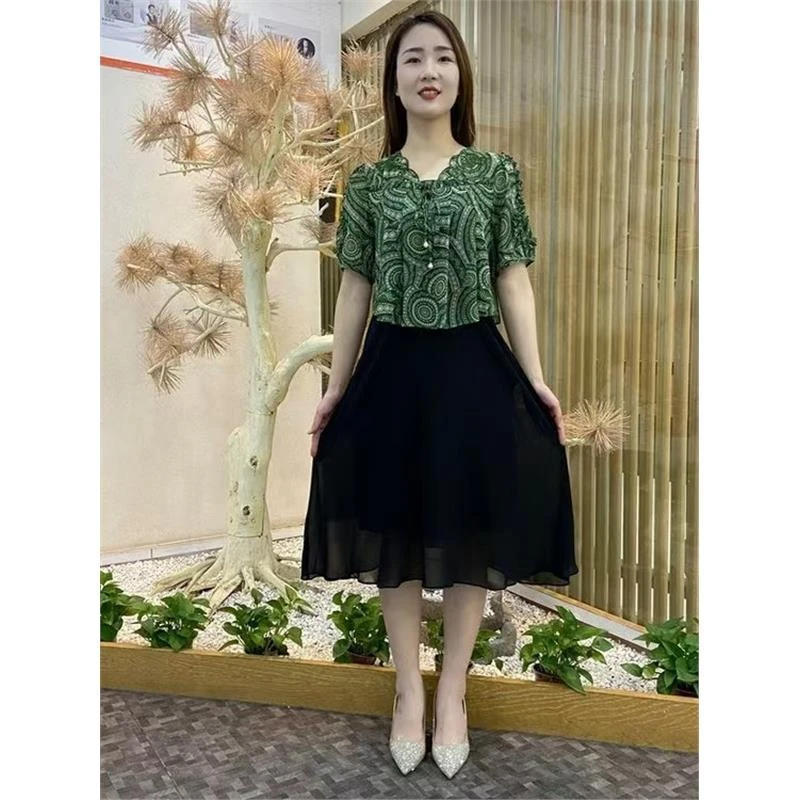 夏季新款短袖时尚拼接假两件连衣裙裙子气质显瘦中长款洋气妈妈装