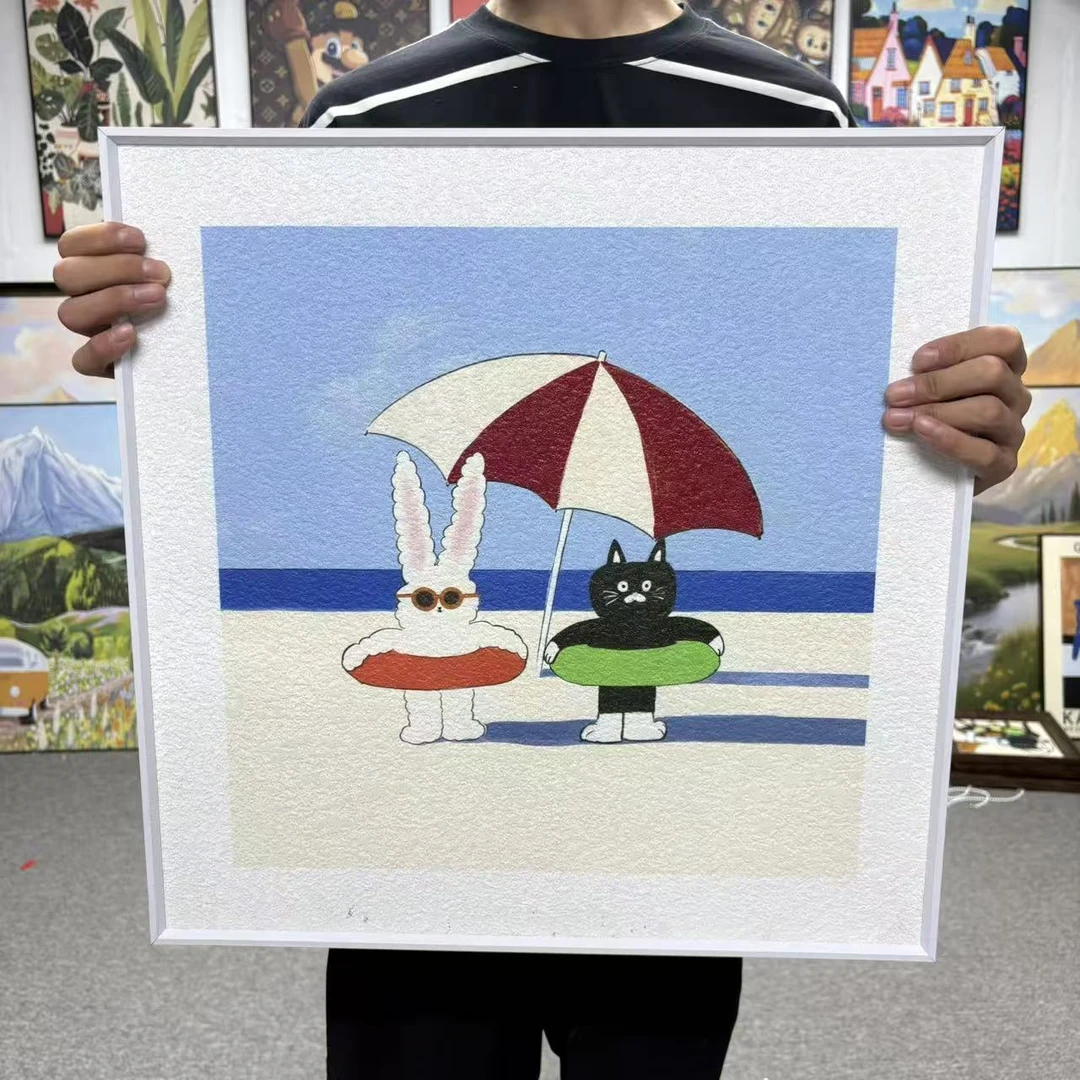 黑猫白兔卡通趣味动物挂画温馨奶油风卧室装饰画5050