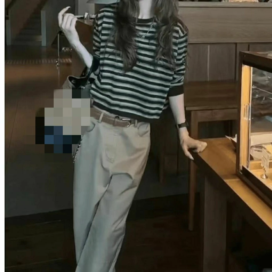 时尚潮流百搭条纹上衣高腰洋气裤子女装
