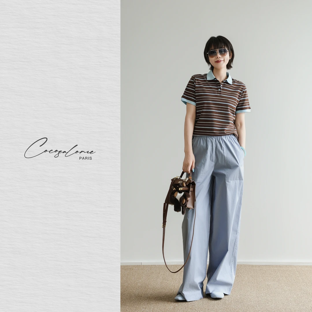 韩彬彬"薄荷Polo"100精梳棉经典条纹纯欲慵懒风女装短袖T恤231W-9