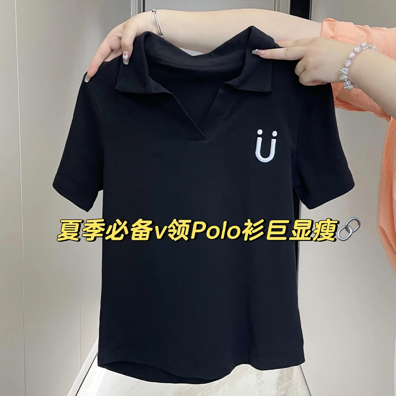 大码胖mm200斤潮牌简约笑脸刺绣设计感V领polo衫女夏显瘦短袖t恤