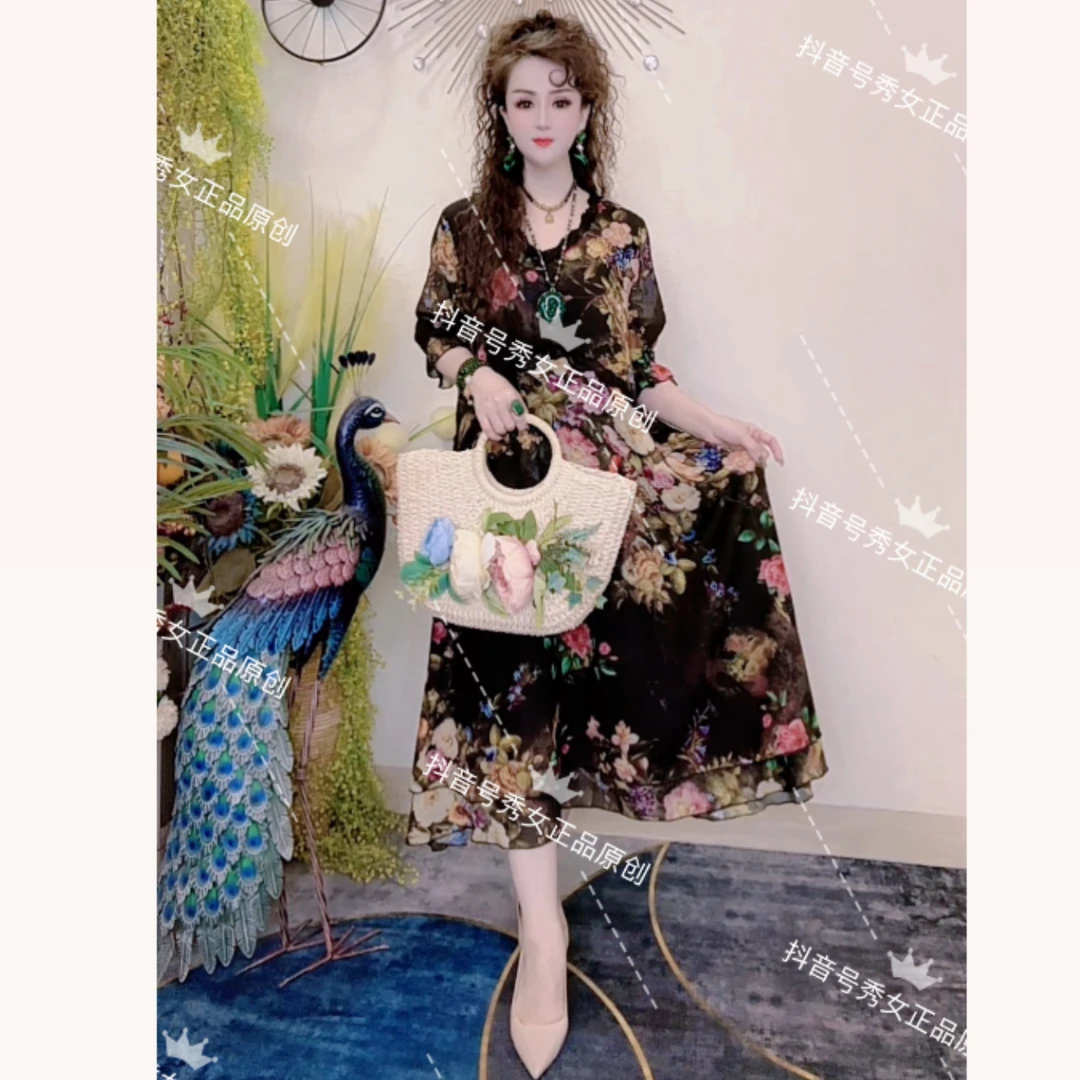 ［秀女正品推荐］新款复古印花长款连衣裙遮肉显瘦气质优雅大方